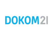 Logo mit dem Schriftzug "DOKOM21" in Blau und Grau, modernes Design ohne weitere grafische Elemente.