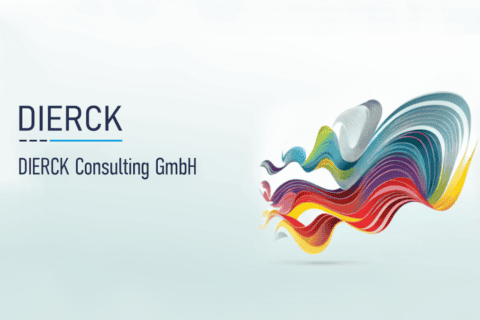 Schriftzug „dierck“ mit Unterstreichung und darunter „dierck Consulting GmbH“ auf hellem Hintergrund, daneben abstrakte, farbige Wellenformen in Blau-, Grün-, Rot- und Gelbtönen, die Dynamik und Innovation symbolisieren.