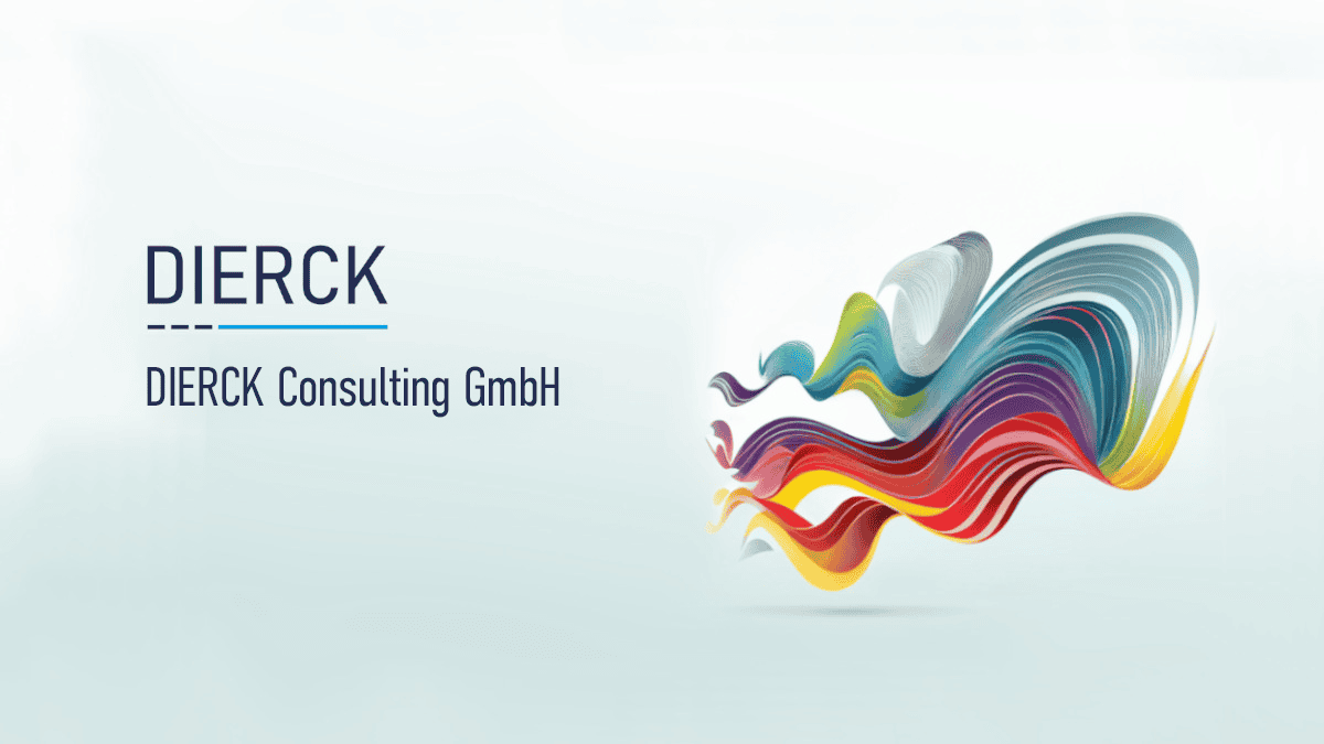 Schriftzug „dierck“ mit Unterstreichung und darunter „dierck Consulting GmbH“ auf hellem Hintergrund, daneben abstrakte, farbige Wellenformen in Blau-, Grün-, Rot- und Gelbtönen, die Dynamik und Innovation symbolisieren.