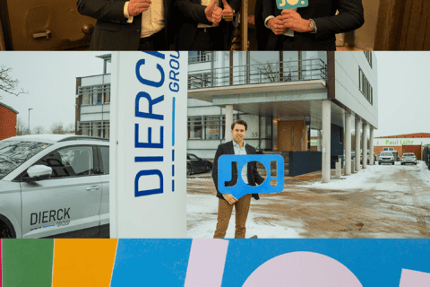 Sechs Männer in Business-Kleidung halten bunte Schilder mit der Aufschrift „JO!“, lächeln und zeigen Daumen hoch. Darunter ein Mann vor einem Gebäude mit dem Schriftzug „dierckgroup“ auf einer Säule und einem Firmenfahrzeug, er hält ebenfalls ein blaues „JO!“-Schild. Unten bunte „JO!“-Schilder in Nahaufnahme, links unten das stilisierte Logo der dierckgroup.
