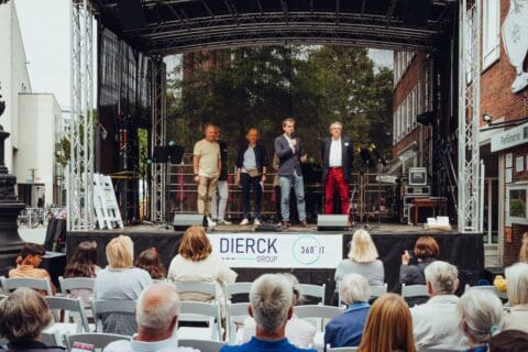 Vier Personen stehen auf einer überdachten Bühne im Freien, eine davon spricht in ein Mikrofon. Vor der Bühne sitzen mehrere Zuschauer auf weißen Stühlen. An der Bühnenfront ist ein Banner mit dem Schriftzug „dierckgroup 360° IT“ angebracht. Im Hintergrund sind Bäume und Gebäude zu sehen. Die Szene vermittelt eine Veranstaltung oder Präsentation, passend zu IT-Lösungen und Managed Services der dierckgroup.