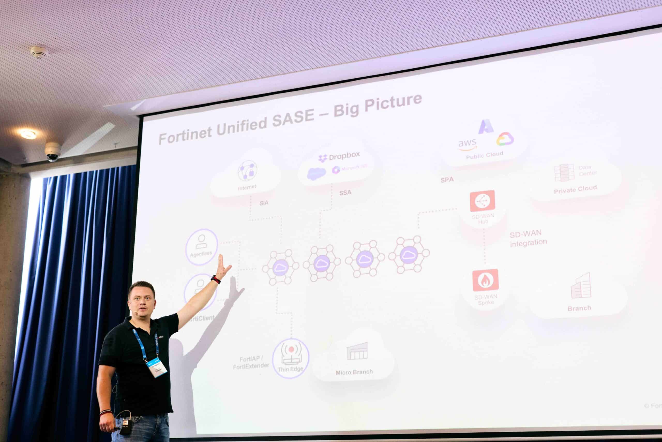 Mann in schwarzem Poloshirt mit Mikrofon zeigt auf eine helle Präsentationsfolie mit dem Titel „Fortinet Unified SASE – Big Picture“, die ein Netzwerkdiagramm mit Symbolen für Cloud-Dienste, SD-WAN, Micro Branch und Sicherheitslösungen darstellt, vor einem Fenster mit blauen Vorhängen in einem Konferenzraum.