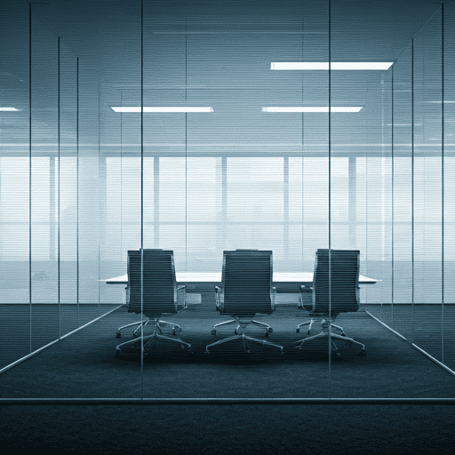 Moderner, heller Besprechungsraum mit Glaswänden, drei ergonomischen Bürostühlen vor einem weißen Konferenztisch, minimalistisches Design, repräsentativ für professionelle IT-Beratung und Kommunikationstechnik in einem IT-Systemhaus.