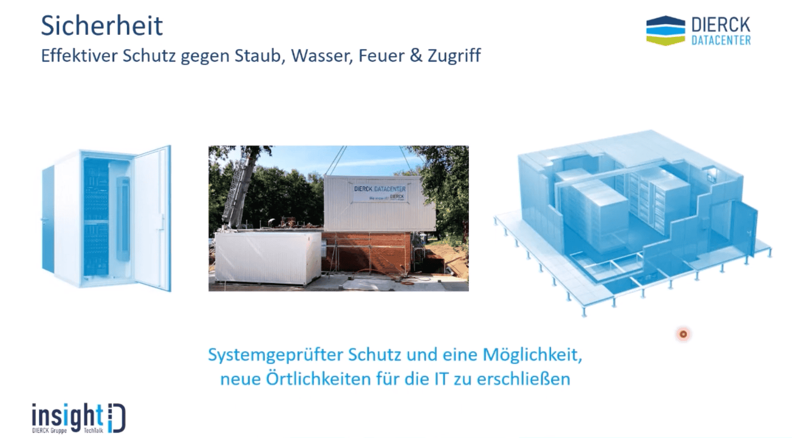 Sicherheitskonzept für IT-Datacenter mit Schutz gegen Staub, Wasser, Feuer und unbefugten Zugriff. Links eine geöffnete Schutzbox für IT-Equipment, mittig ein auf einer Baustelle installierter Container mit dierck Datacenter-Logo, rechts eine schematische 3D-Darstellung eines modularen Datacenters. Überschrift „Sicherheit“ und Text „Effektiver Schutz gegen Staub, Wasser, Feuer & Zugriff“ sowie Hinweis auf systemgeprüften Schutz und neue IT-Standorte. Logos von dierck Datacenter und insight techn