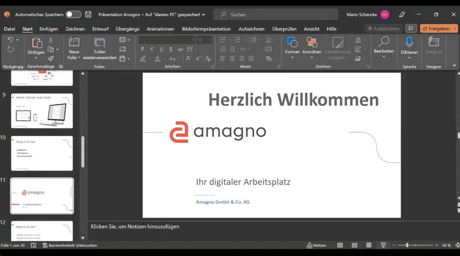 PowerPoint-Fenster mit geöffneter Präsentation der amagno GmbH & Co. KG, Folientitel „Herzlich Willkommen“, Untertitel „Ihr digitaler Arbeitsplatz“ und amagno-Logo in Orange und Schwarz, linke Seitenleiste mit Folienübersichten, Menüleiste mit Optionen wie Datei, Start, Einfügen, Zeichnen, Entwurf, Übergänge, Animationen, Bildschirmpräsentation, Aufzeichnen, Überprüfen, Ansicht, Hilfe.