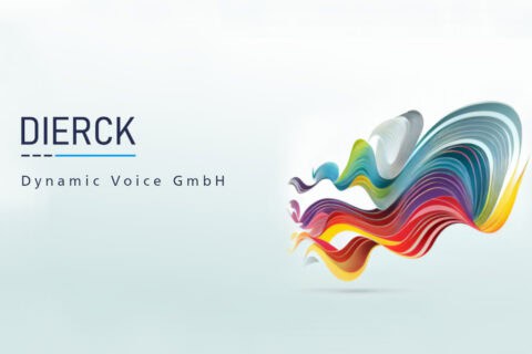 Schriftzug „dierck Dynamic Voice GmbH“ links auf hellem Hintergrund, rechts davon abstrakte, farbige Wellenformen in Blau, Grün, Rot, Gelb und Violett, die Dynamik und Kommunikation symbolisieren.