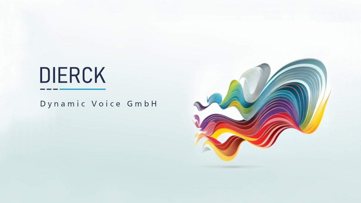 Schriftzug „dierck Dynamic Voice GmbH“ links auf hellem Hintergrund, rechts davon abstrakte, farbige Wellenformen in Blau, Grün, Rot, Gelb und Violett, die Dynamik und Kommunikation symbolisieren.