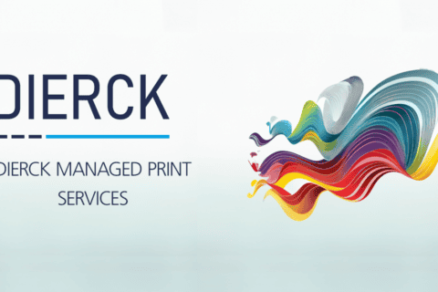 Logo der dierckgroup mit dem Schriftzug „dierck MANAGED PRINT SERVICES“ links auf hellem Hintergrund, rechts daneben eine bunte, dynamische Wellenform in Blau-, Rot-, Gelb- und Grüntönen, die Digitalisierung und moderne IT-Lösungen symbolisiert.