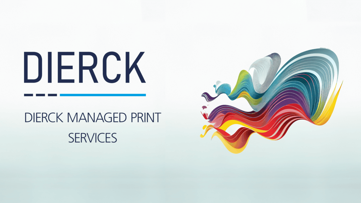 Logo der dierckgroup mit dem Schriftzug „dierck MANAGED PRINT SERVICES“ links auf hellem Hintergrund, rechts daneben eine bunte, dynamische Wellenform in Blau-, Rot-, Gelb- und Grüntönen, die Digitalisierung und moderne IT-Lösungen symbolisiert.