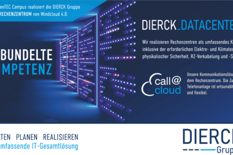 Reihen von Server-Racks in einem modernen Rechenzentrum mit blau-violettem Licht, Text zur Realisierung eines grünen Rechenzentrums auf dem GreenTEC Campus durch die dierckgroup und Windcloud 4.0, Hervorhebung von gebündelter Kompetenz, umfassendem Konzept für Elektro- und Klimatechnik, physikalischer Sicherheit, RZ-Verkabelung und Switching, sowie flexibler Kommunikationslösung "call@cloud" für ortsunabhängige Telefonanlagen. Logos und Keywords passend zu Datacenter Solutions, IT-Systemhaus und