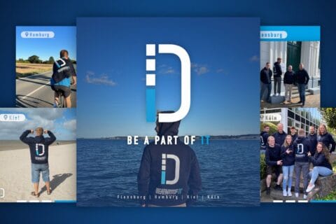 Mehrere Fotos von Mitarbeitenden der dierckgroup an verschiedenen Standorten wie Hamburg, Kiel, Flensburg, Köln und Flensburg. Die Personen tragen dunkelblaue Hoodies mit dem großen weißen und blauen dierckgroup-Logo auf dem Rücken. Im Vordergrund steht eine Person mit Blick auf das Meer, darüber der Slogan „BE A PART OF IT“. Die Bilder vermitteln Teamgeist und Verbundenheit an unterschiedlichen Arbeitsorten.
