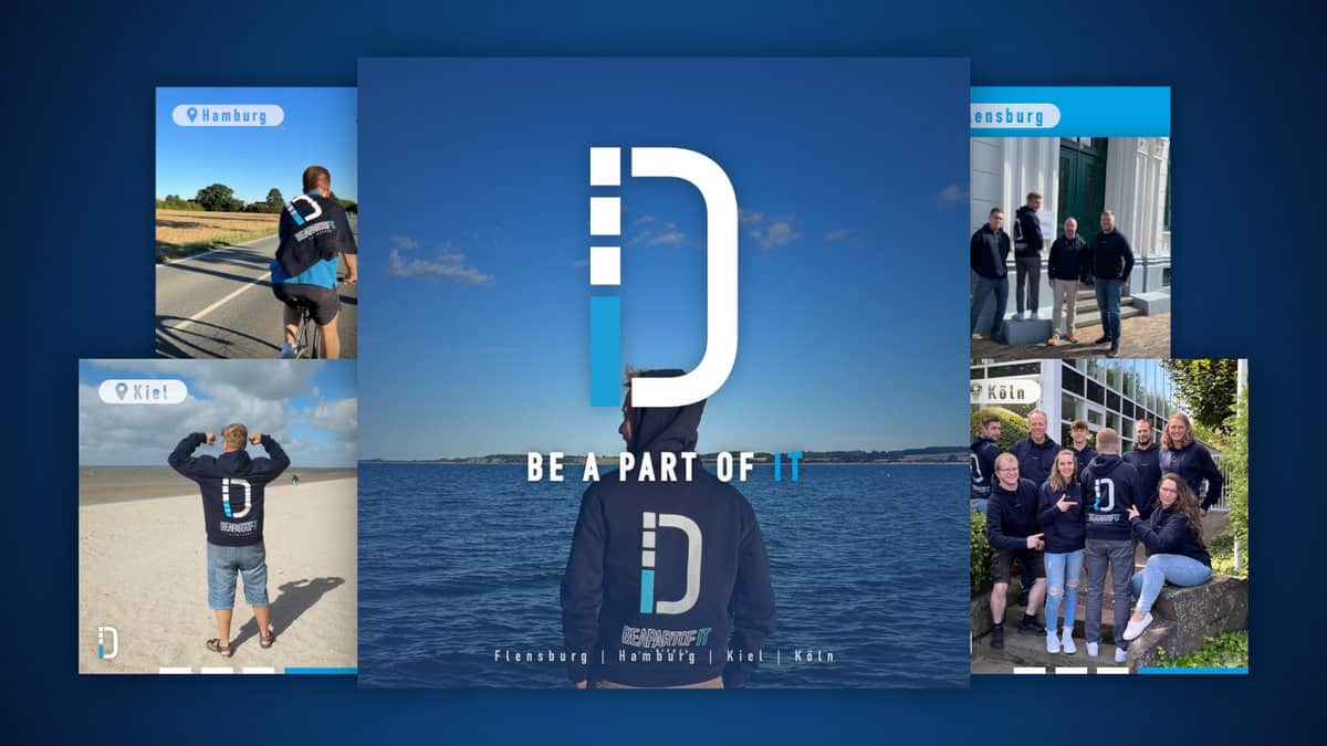 Mehrere Fotos von Mitarbeitenden der dierckgroup an verschiedenen Standorten wie Hamburg, Kiel, Flensburg, Köln und Flensburg. Die Personen tragen dunkelblaue Hoodies mit dem großen weißen und blauen dierckgroup-Logo auf dem Rücken. Im Vordergrund steht eine Person mit Blick auf das Meer, darüber der Slogan „BE A PART OF IT“. Die Bilder vermitteln Teamgeist und Verbundenheit an unterschiedlichen Arbeitsorten.