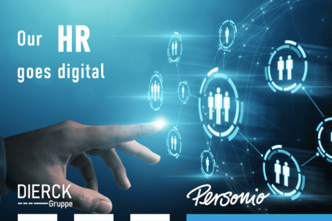 Hand zeigt auf leuchtende, vernetzte Symbole mit stilisierten Personenfiguren vor blauem Hintergrund, daneben der Text „Our HR goes digital“, darunter Logos der dierckgroup und Personio, symbolisiert digitale HR-Lösungen und Vernetzung.