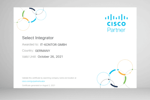 Zertifikat für Select Integrator von Cisco Partner, vergeben an IT-KONTOR GMBH aus Deutschland, gültig bis 26. Oktober 2021, mit Hinweis auf Validierung über cisco.com/go/partnerlocator.