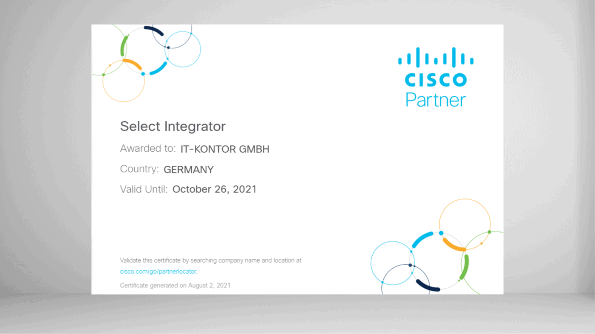 Zertifikat für Select Integrator von Cisco Partner, vergeben an IT-KONTOR GMBH aus Deutschland, gültig bis 26. Oktober 2021, mit Hinweis auf Validierung über cisco.com/go/partnerlocator.