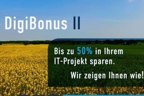Feld mit gelben Blüten unter blauem Himmel, darüber Text „DigiBonus II“. Darunter auf dunklem Hintergrund: „Bis zu 50 % in Ihrem IT-Projekt sparen. Wir zeigen Ihnen wie!“ Hinweis auf digitale Fördermöglichkeiten für IT-Projekte, passend zu IT-Beratung und Digitalisierung der dierckgroup.