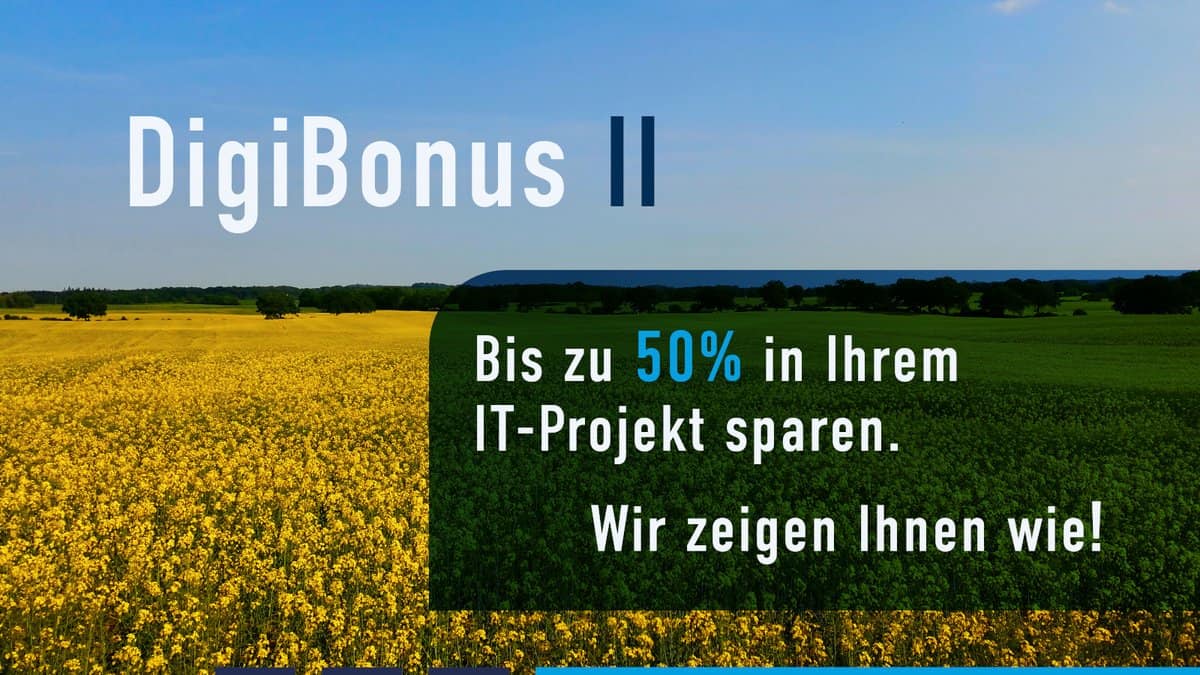 Feld mit gelben Blüten unter blauem Himmel, darüber Text „DigiBonus II“. Darunter auf dunklem Hintergrund: „Bis zu 50 % in Ihrem IT-Projekt sparen. Wir zeigen Ihnen wie!“ Hinweis auf digitale Fördermöglichkeiten für IT-Projekte, passend zu IT-Beratung und Digitalisierung der dierckgroup.