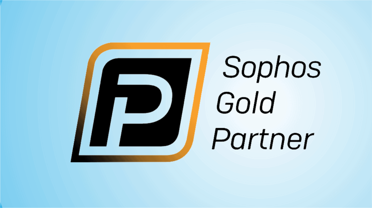 Logo mit stilisiertem Buchstaben P in Schwarz und Orange, daneben der Text „Sophos Gold Partner“ auf hellblauem Hintergrund, Hinweis auf Partnerschaft im Bereich IT-Security.