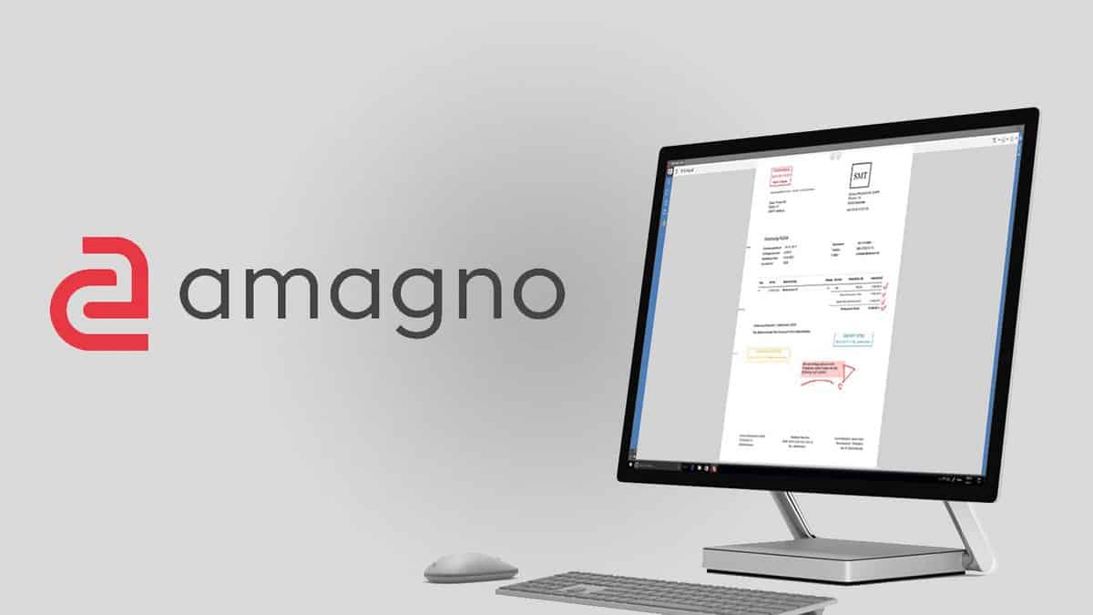 Logo und Schriftzug „amagno“ in Rot und Grau links vor hellgrauem Hintergrund, rechts ein moderner Computerbildschirm mit geöffneter Dokumentenansicht, darunter Tastatur und Maus, symbolisiert digitale Dokumentenverwaltung und Digitalisierungslösungen.