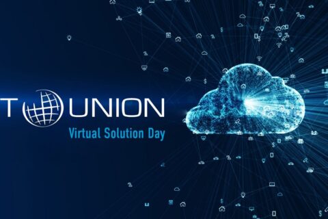 Digital stilisierte blaue Wolke mit vernetzten Symbolen für IT-Dienste und Kommunikation auf dunklem Hintergrund, daneben der Schriftzug „IT UNION Virtual Solution Day“ in weiß und hellblau.