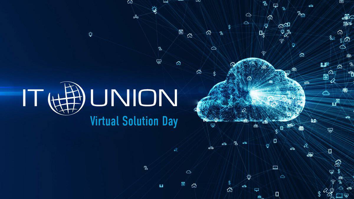Digital stilisierte blaue Wolke mit vernetzten Symbolen für IT-Dienste und Kommunikation auf dunklem Hintergrund, daneben der Schriftzug „IT UNION Virtual Solution Day“ in weiß und hellblau.