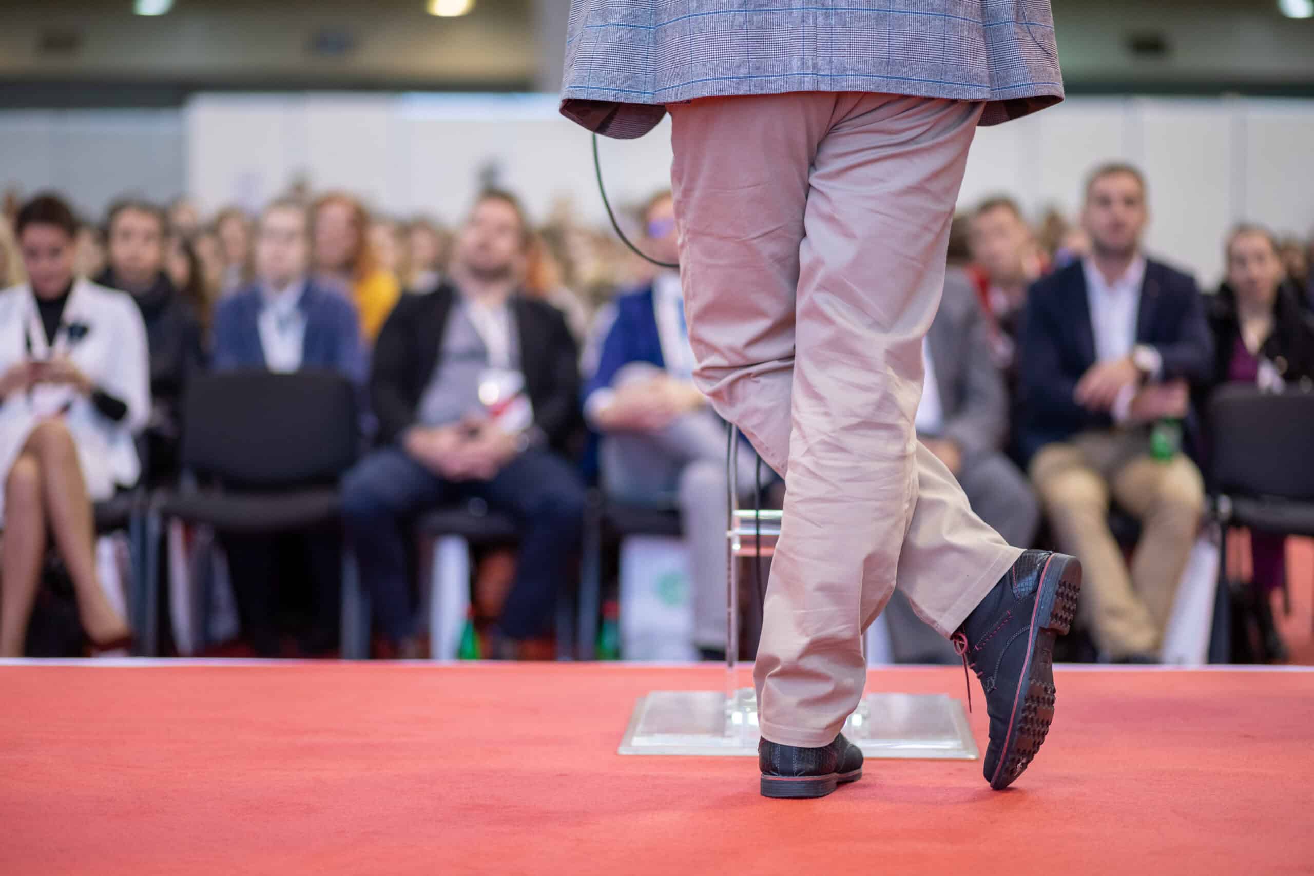 Mann in beiger Hose und grauem Sakko steht auf rotem Teppich vor Publikum, das auf Stühlen sitzt und aufmerksam zuhört, symbolisiert IT-Beratung und Kommunikationstechnik bei einer Fachveranstaltung.
