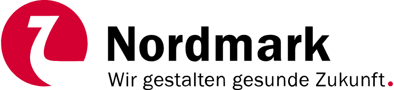 Logo der Firma Nordmark mit rotem stilisiertem Symbol links und dem Schriftzug „Nordmark Wir gestalten gesunde Zukunft.“ in Schwarz.