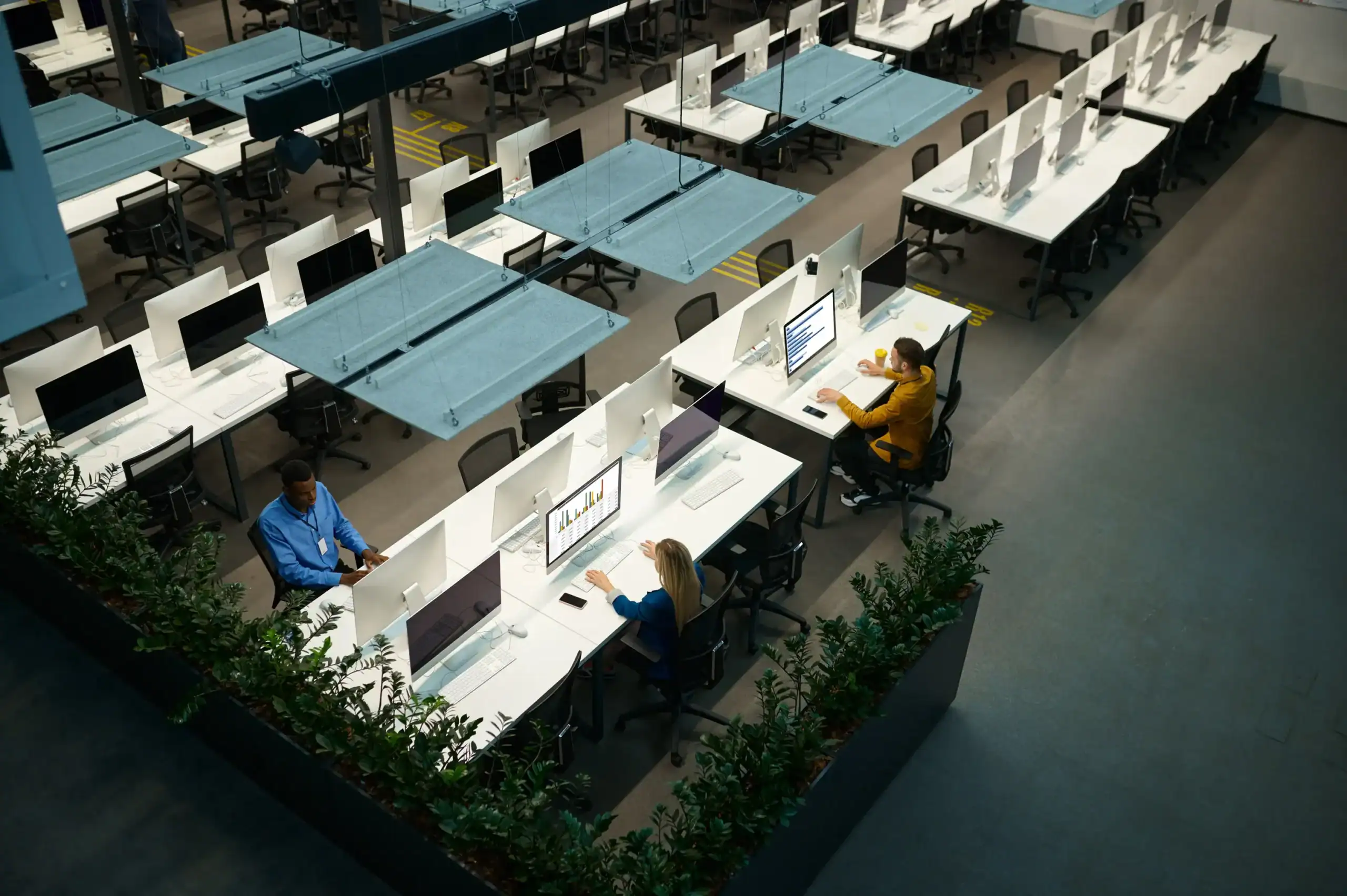 Großraumbüro mit mehreren Reihen moderner Arbeitsplätze, an denen drei Personen an Computern arbeiten. Die Schreibtische sind mit Monitoren, Tastaturen und Trennwänden ausgestattet, um konzentriertes Arbeiten zu ermöglichen. Grünpflanzen trennen die Arbeitsbereiche und schaffen eine angenehme Atmosphäre. Das Bild vermittelt eine professionelle IT-Arbeitsumgebung, passend zu den Themen IT Solutions, Managed Services, IT-Beratung und IT-Support.